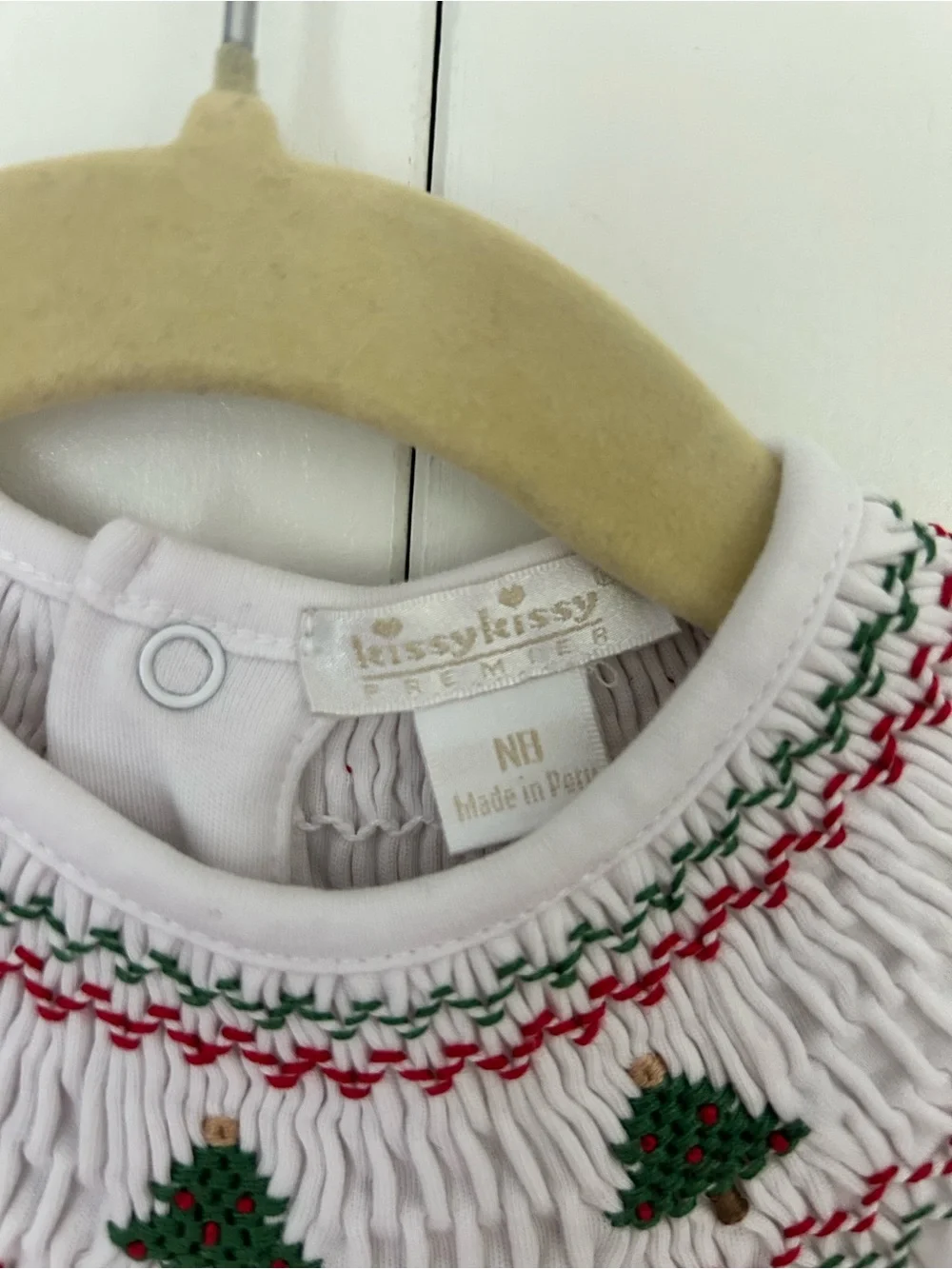 Kissy Kissy Newborn Holiday Medley Smocked outfit embroidered Christmas trees